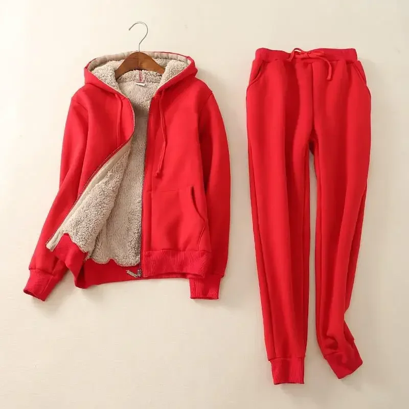 

Winter Red Thick Hoodie Girls Oversize Pants Set Zipper Hooded Hoodie Two Piece Set Ladies Outfits Pants Suit Women 2 Piece Set