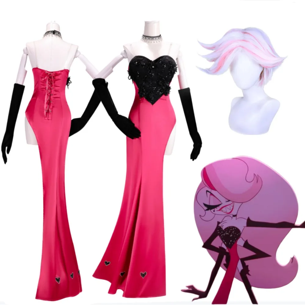 

Official Hazbin Hotel Angel Dust Sexy Rose Red Strapless Gown Cosplay Costume Full Set Adult Women Anime Role Play Stage Wear