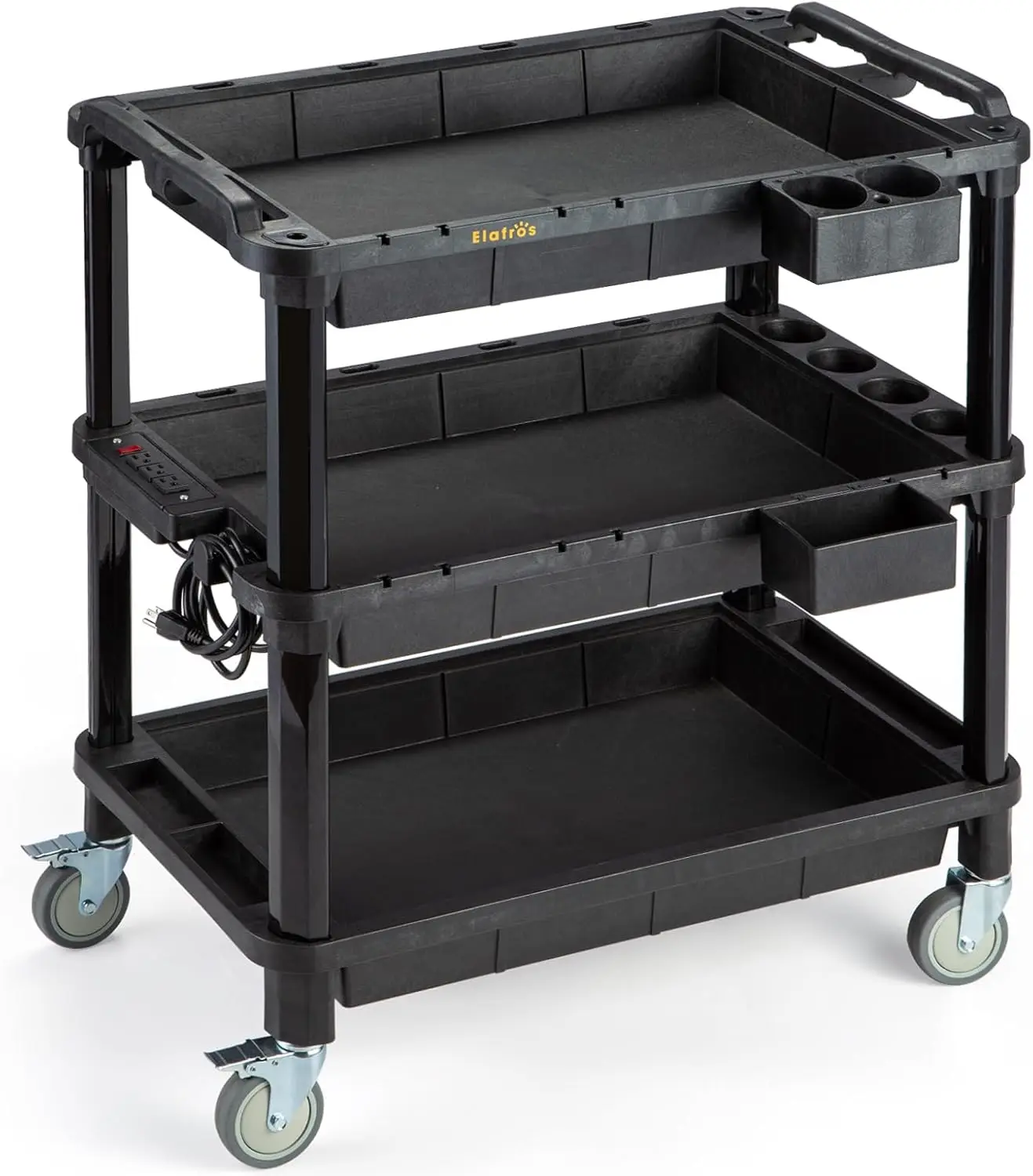 

Multi-Use Rolling Cart with Power Strip – Industrial-Grade Plastic Utility Cart with 3 Deep Plastic Shelves, 500 lbs Ca