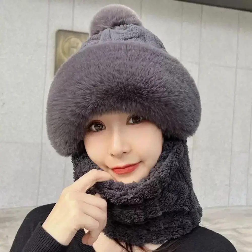 Winter Hat For Women Hooded Face Mask Fluff Keep Warm Thicken Style Neck Scarf Hooded Cap Beanie Knitted Cashmere Neck Warmer