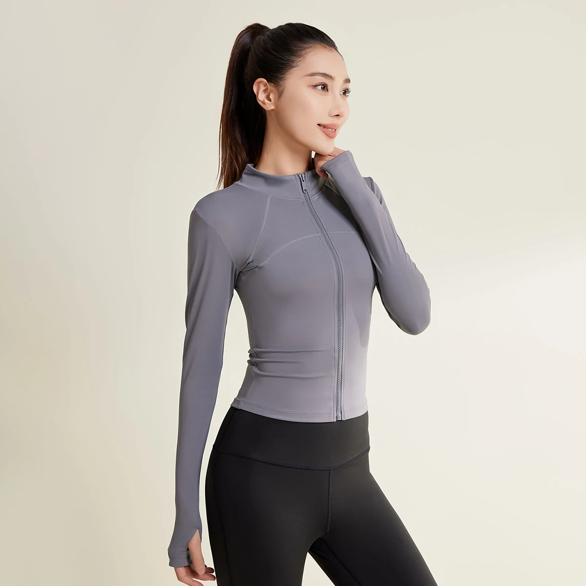 High Elasticity Women Zipper Fitness Yoga Jacket Soft Fabric Anti-piling Block Ultraviolet Light Long Sleeve Quick Dry Yoga Coat