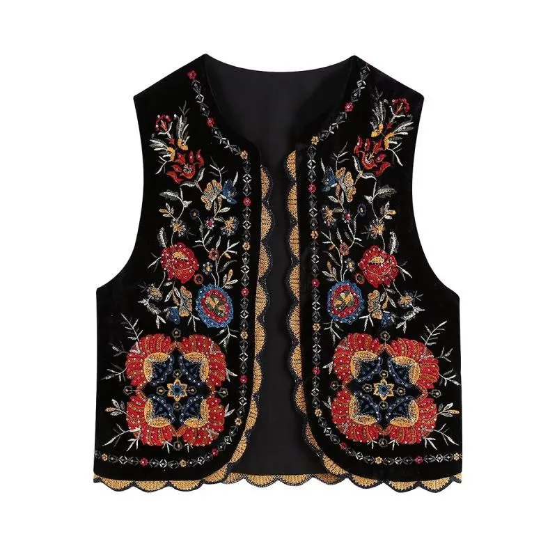 Spring New Women Ethnic style Sequined Vest Fashion Sleeveles Jacket Embroidery Floral Velvet Cardigan Waistcoat Female H2708