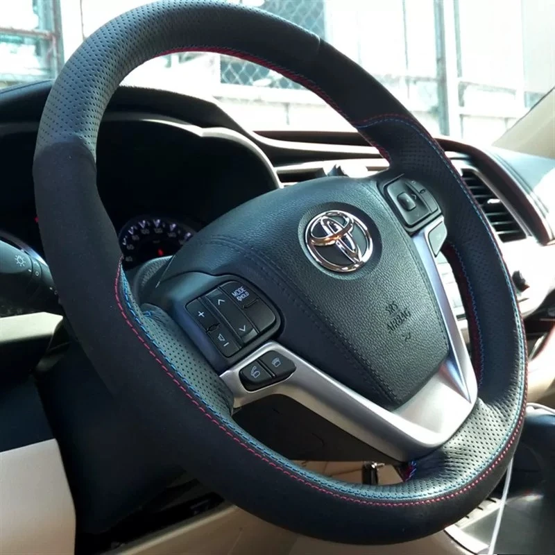 For Toyota Highlander 2014-2019 Sienna 2015-2019 Hand Stitched Black Genuine Leather suede Car Steering Wheel Cover Car parts