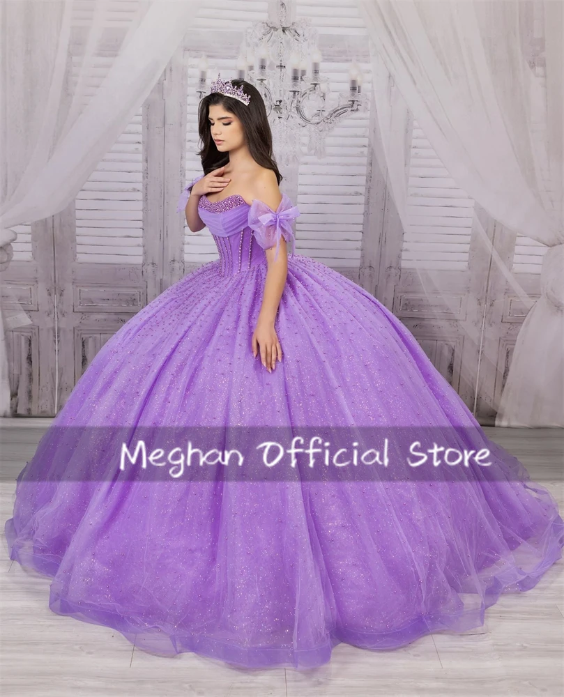 Purple Off The Shoulder Pleat Quinceanera Dress Ball Gown Bead 2024 Birthday Luxury Dress Bow Princess Gown With Detachable Cape