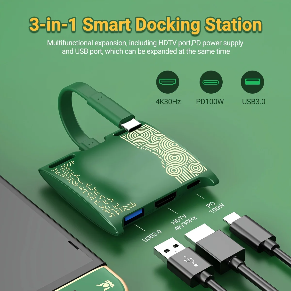 

3 In 1 Switch Docking Station 4K30Hz ABS Green USB-C Game Hub With USB3.0 HDTV PD 100W For Mobile Phone,Laptop ,Switch