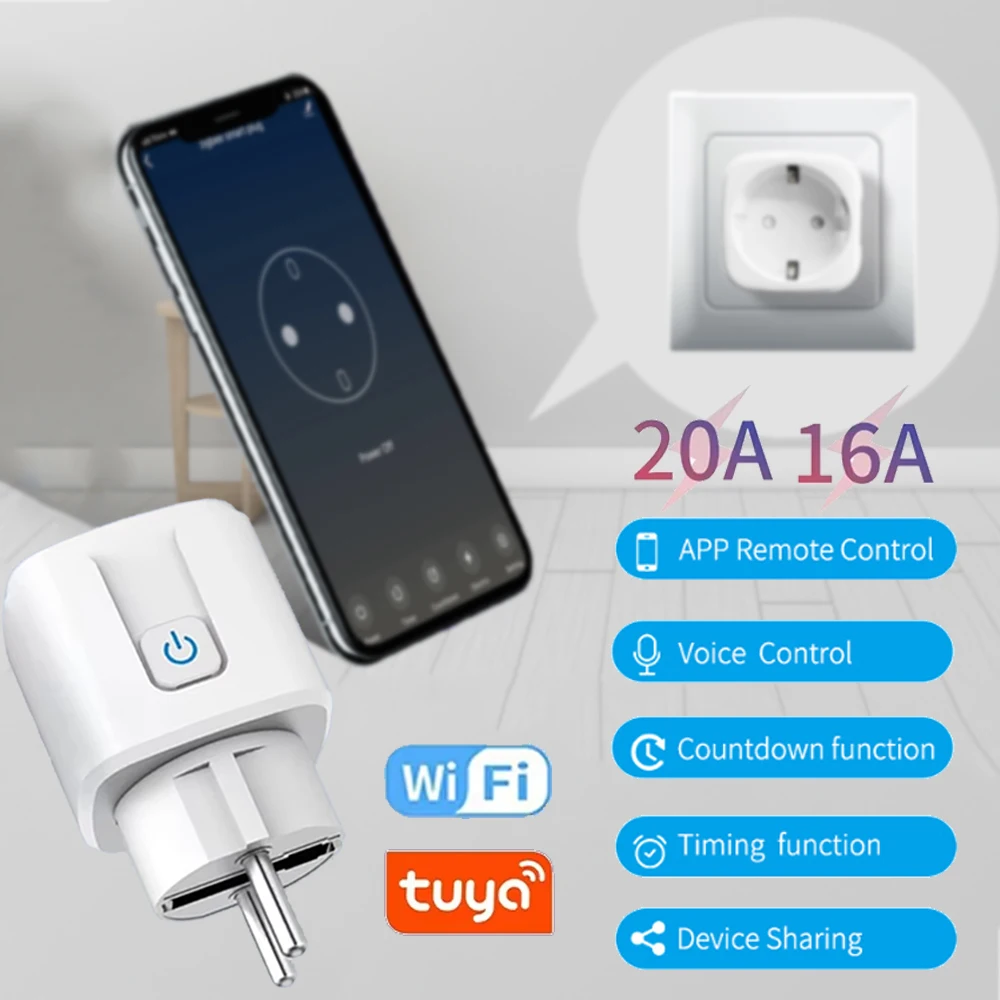 Tuya Wifi Smart Socket EU16A/20A Smart Plug con monitoraggio dell'alimentazione Smart Life APP Supporto telecomando Assistente Google Alex