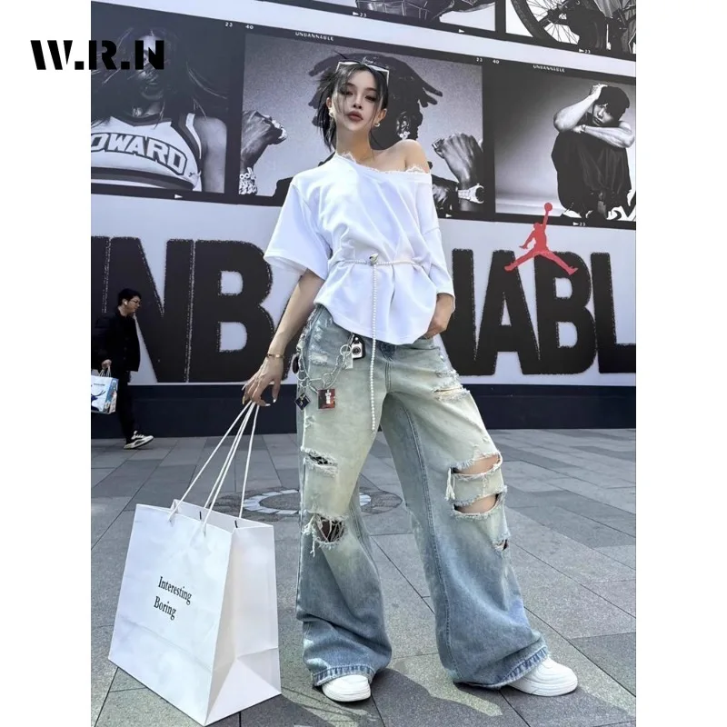 Harajuku Ripped ขากว้างหลวม Fit กางเกงยีนส์ Emo ถังขยะสีฟ้า Baggy กางเกงผู้หญิง Vintage Kpop Y2K ความเสียหายหลวม Mop Denim กางเกง