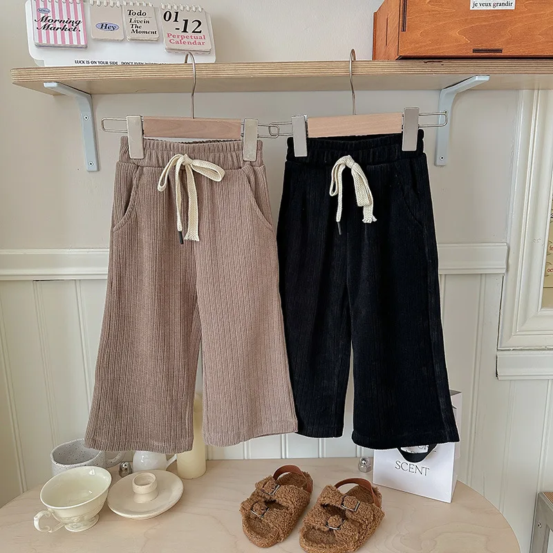 Girls Outer Wear Pants plus Thick Pants2024New Children's Western Style Fashion Casual Exercise Loose Spring-Autumn Wide-Leg Pan