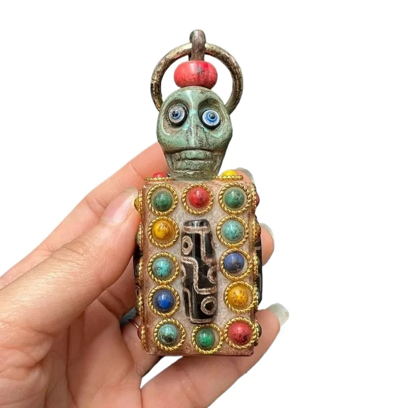 Antique Collection: Nepalese Tibetan Black Iron Meteorite Inlaid with Multi-treasure Heavenly Bead Hand-held Decorative Piece.