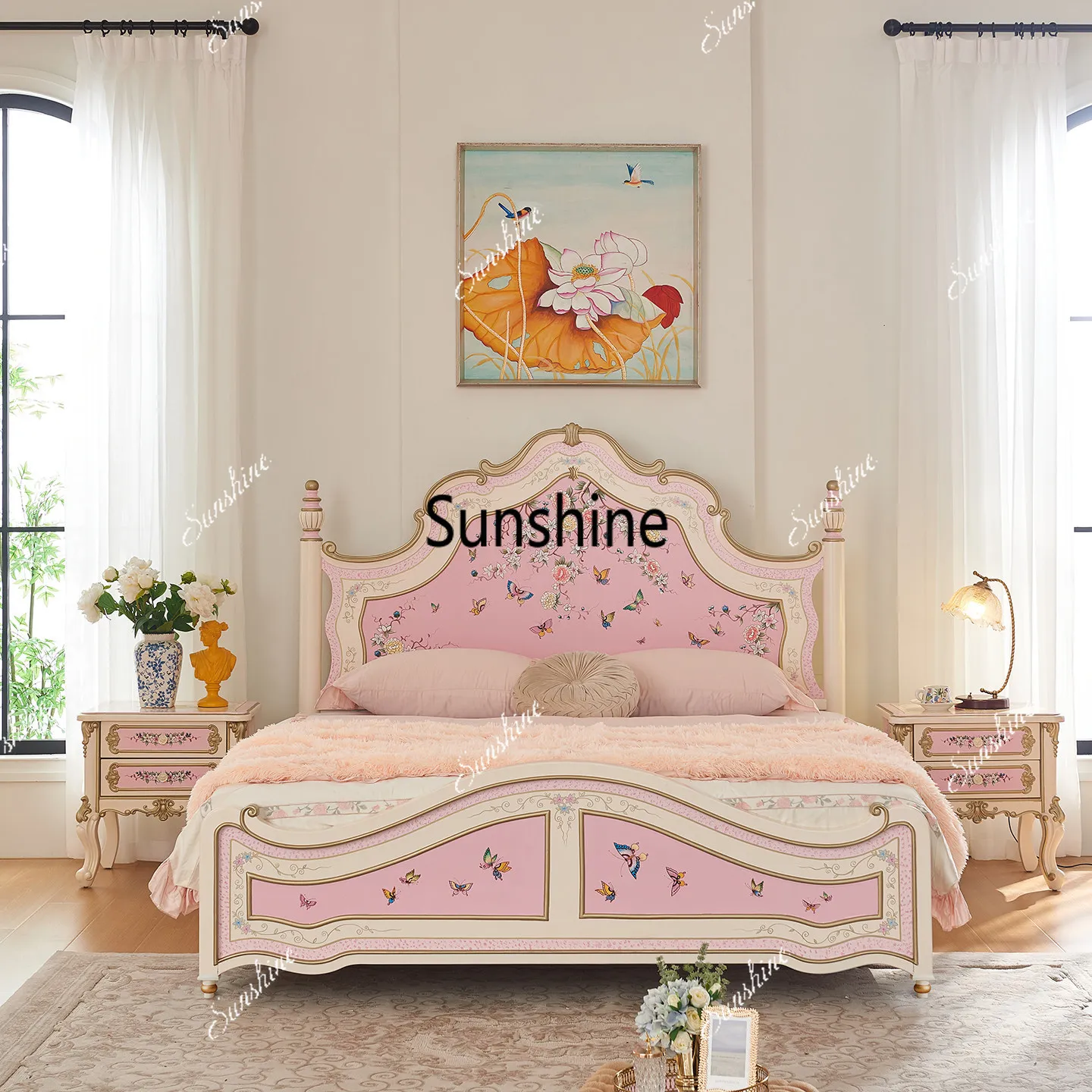 French court girl pink cream wind princess bed
