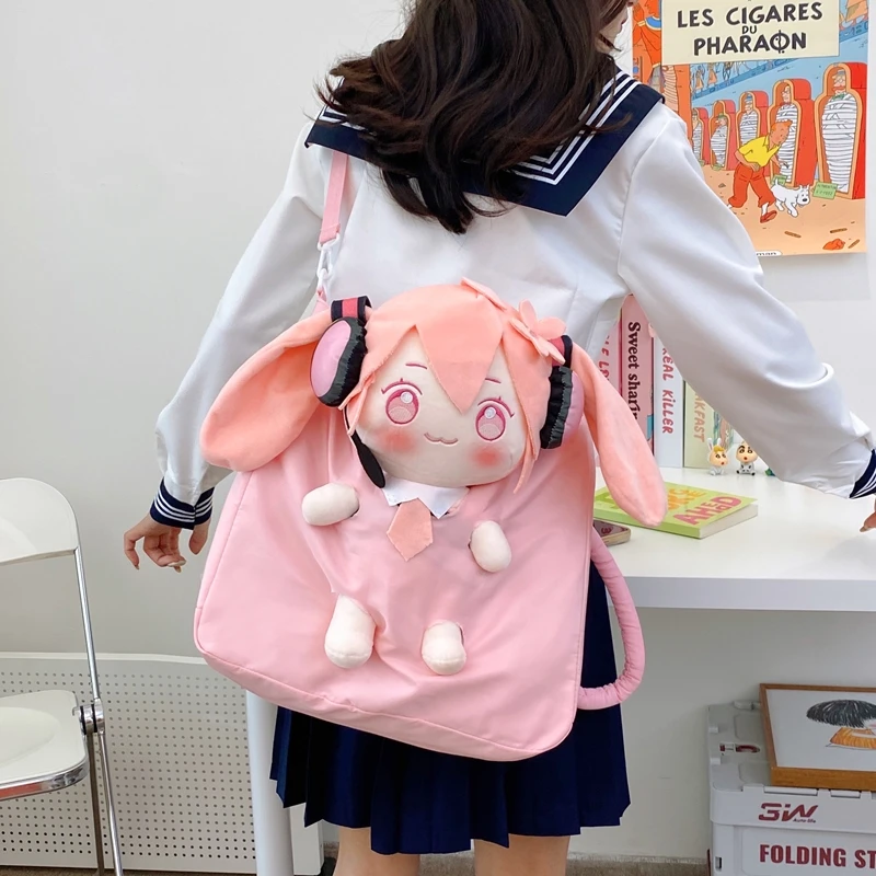 Bolso de hombro de gran capacidad para muñeca de peluche, bolso cruzado versátil de nailon rosa, bolsos de viaje informales Coreanos