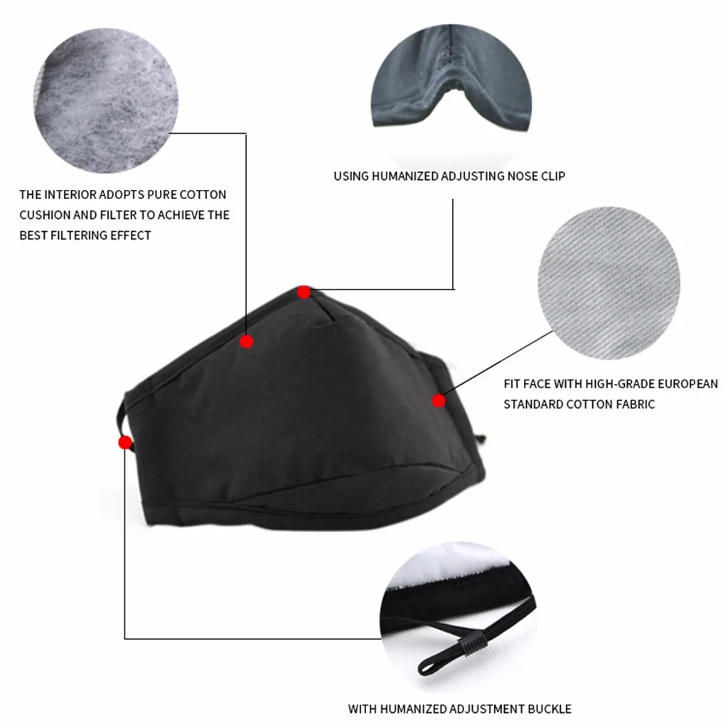 Maschera bocca nera in cotone filtro a carbone attivo antivento PM2.5 filtro maschera in cotone per adulti antiappannamento e polvere