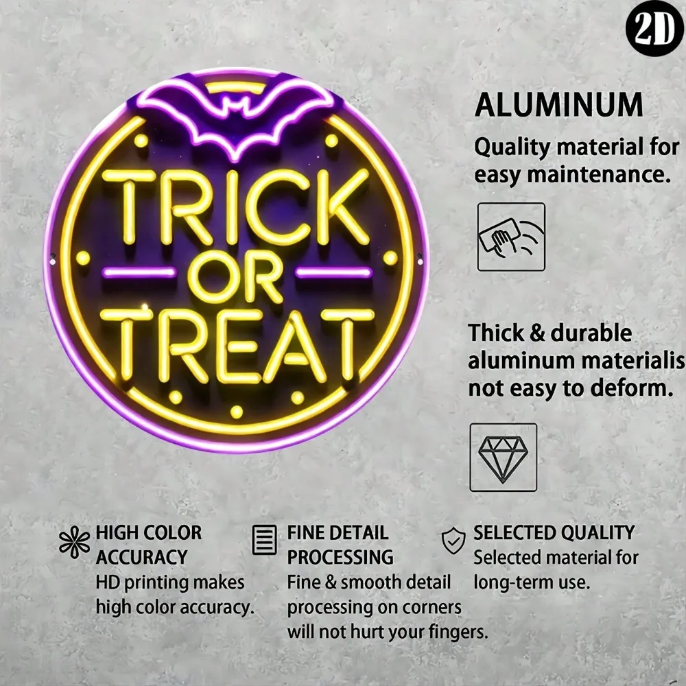 ديكور الهالوين "خدعة أو علاج" نيون 8x8 بوصة علامة معدنية مستديرة - لوحة فنية جدارية متينة من الألومنيوم للمنزل والمكتب وغرفة المعيشة في الأماكن المغلقة