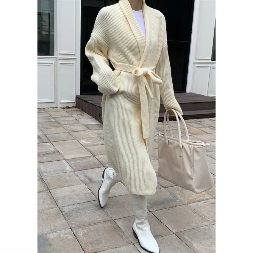 Knitted Cardigan women's Lazy Style Loose Fitting Retro Mid Length Lace Up Coat Autumn and Winter Thick Bathrobe Style