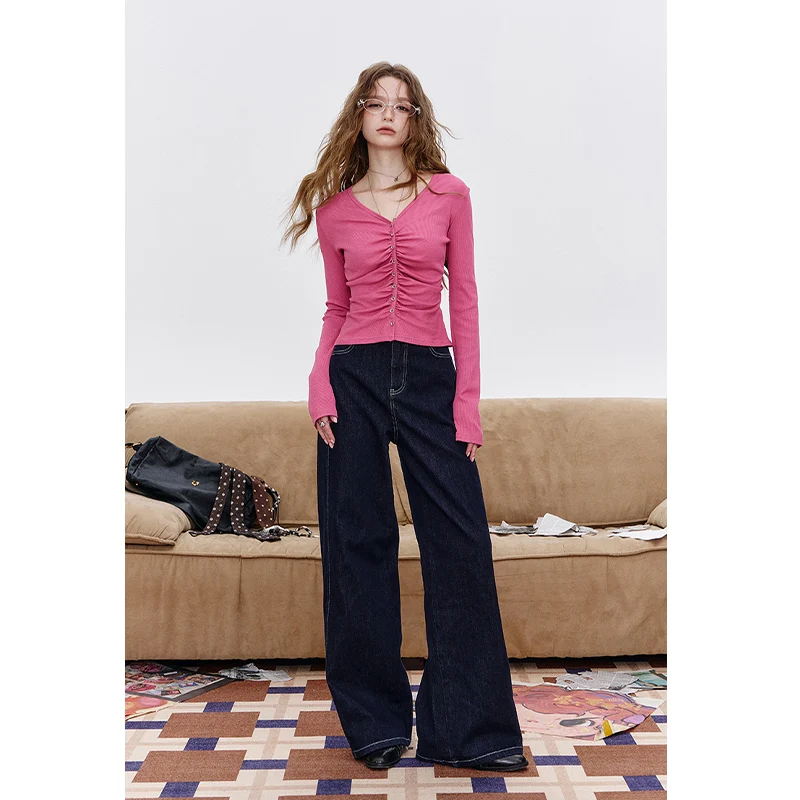 ELFSACK Women Y2K Cropped Long‑Sleeve Top with Ruched Front & Button Detail, V‑Neck Slim Ribbed Fall Casual Tee Shirt