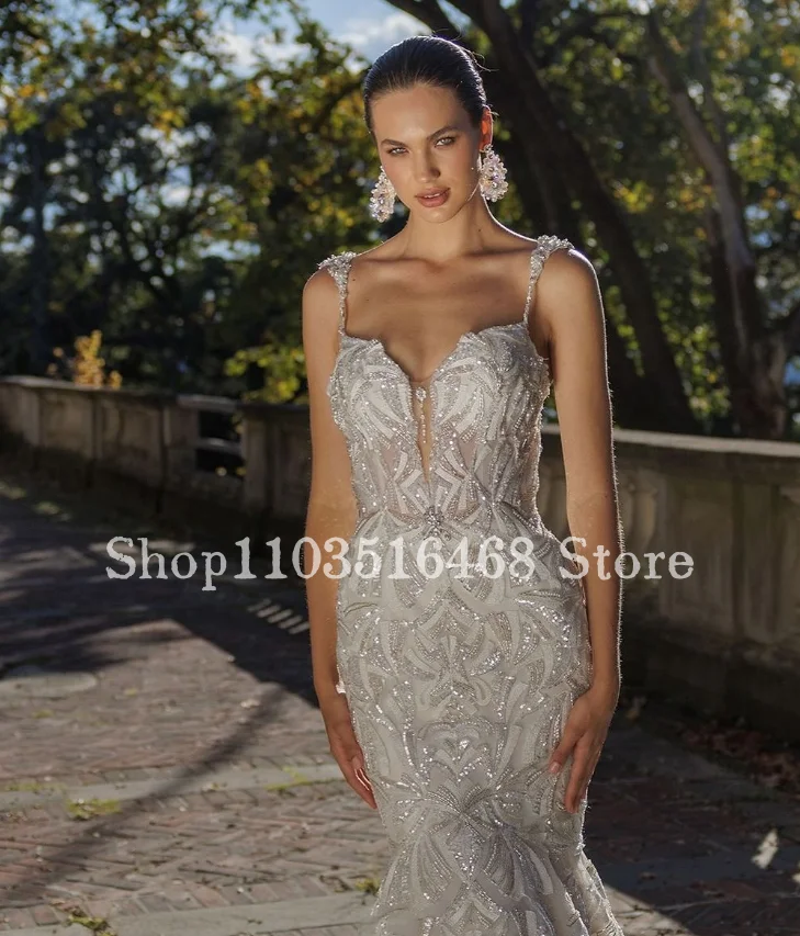 Vestido de noiva Halter nupcial querido, Elegante Applique prateado, Vestido longo personalizado da sereia, Vestido de casamento formal, 2024