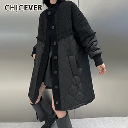 CHICEVER Streetwear Solid Jackets Women O Neck Lantern Sleeve Patchwork Sweater Button Design Loose Knee Length Coat Female New