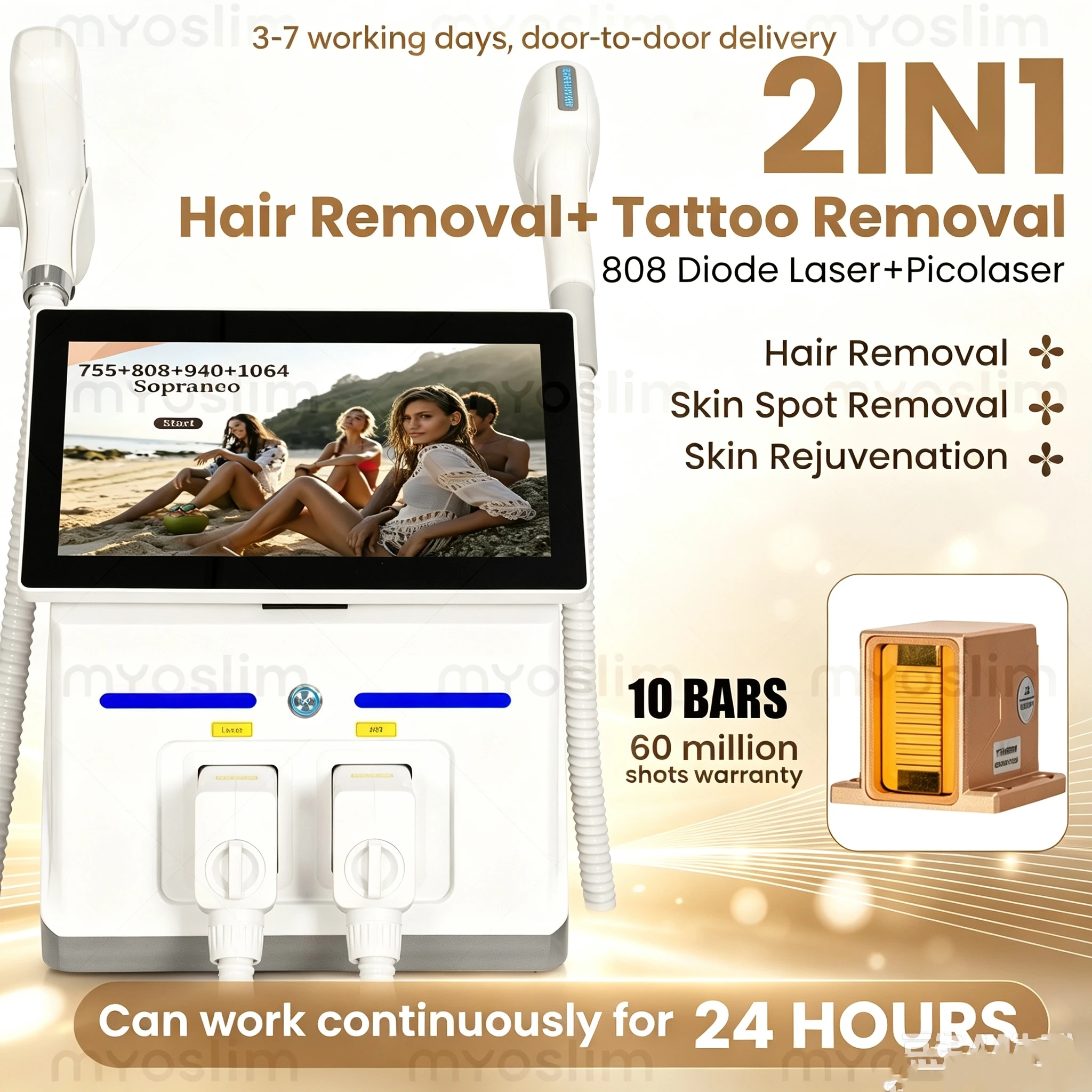 Myoslim 2In1 FAC 10Bars Diode 808 Laser Hair Removal Machin Picosecond Tattoo Removal Machine 4Wavelength Skin Rejuvenation