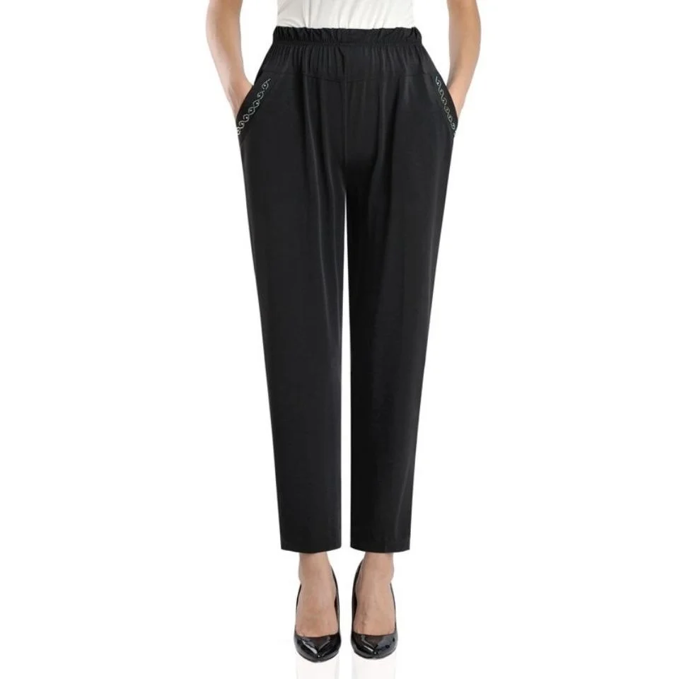 

Women's Summer Cropped Pants Middle-aged Lady High Waist Loose Casual Baggy Pants Pocket Thin Female Straight Trousers