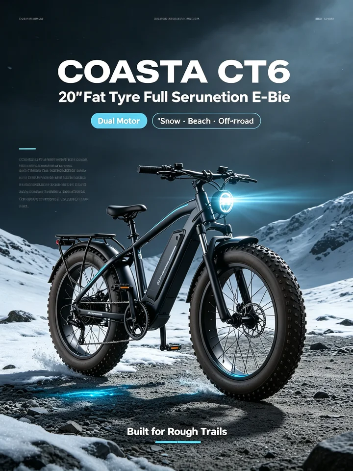 COASTA CT6  Dark Gray Frame 20Inch Fat Tire Electric Bike Dual Motor Full Suspension E Bicycle 3000W Peak 60V Removable Battery Hydraulic Disc Brake Shimano 7‑Speed LCD Display LED Headlight Max Load 150KG For Snow Beach Mountain Off‑Road Riding image 4