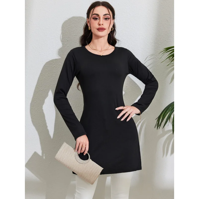 T-shirt Long à fente Ne ronde pour femmes, coupe cintrée, élégant, décontracté, confortable, toutes saisons, porter un autre matériau 00%