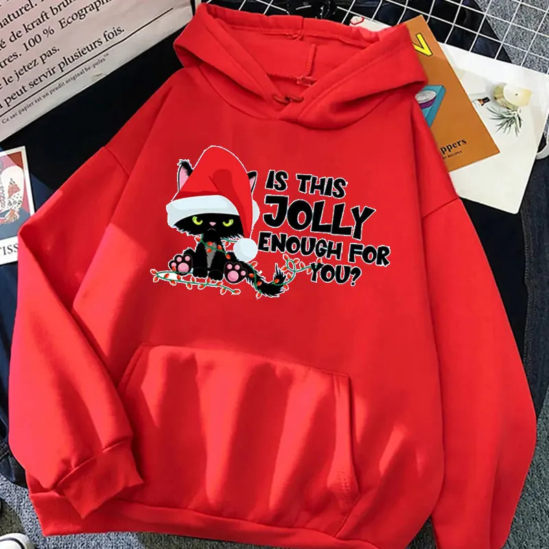 Is This Jolly Enouch For Yous Cute Christmas Cat Printing Hoodies Merry Christmas Santa hat Funny New Year Women ManSweatshirt