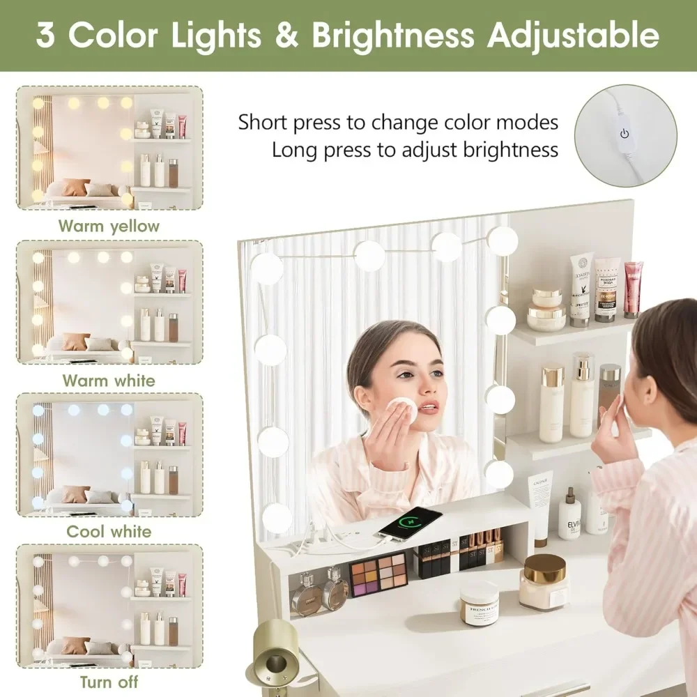 Makeup Vanity Table with Lighted Mirror & Power Strip, White Vanity Set, Lots Storage, 3 Lighting Modes, Brightness Adjustable