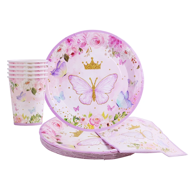 

1set Pink Disposable Tableware Set Butterfly Crown Plate Napkin Tablecloth Girl 1st Birthday Party Baby Shower Wedding Decor