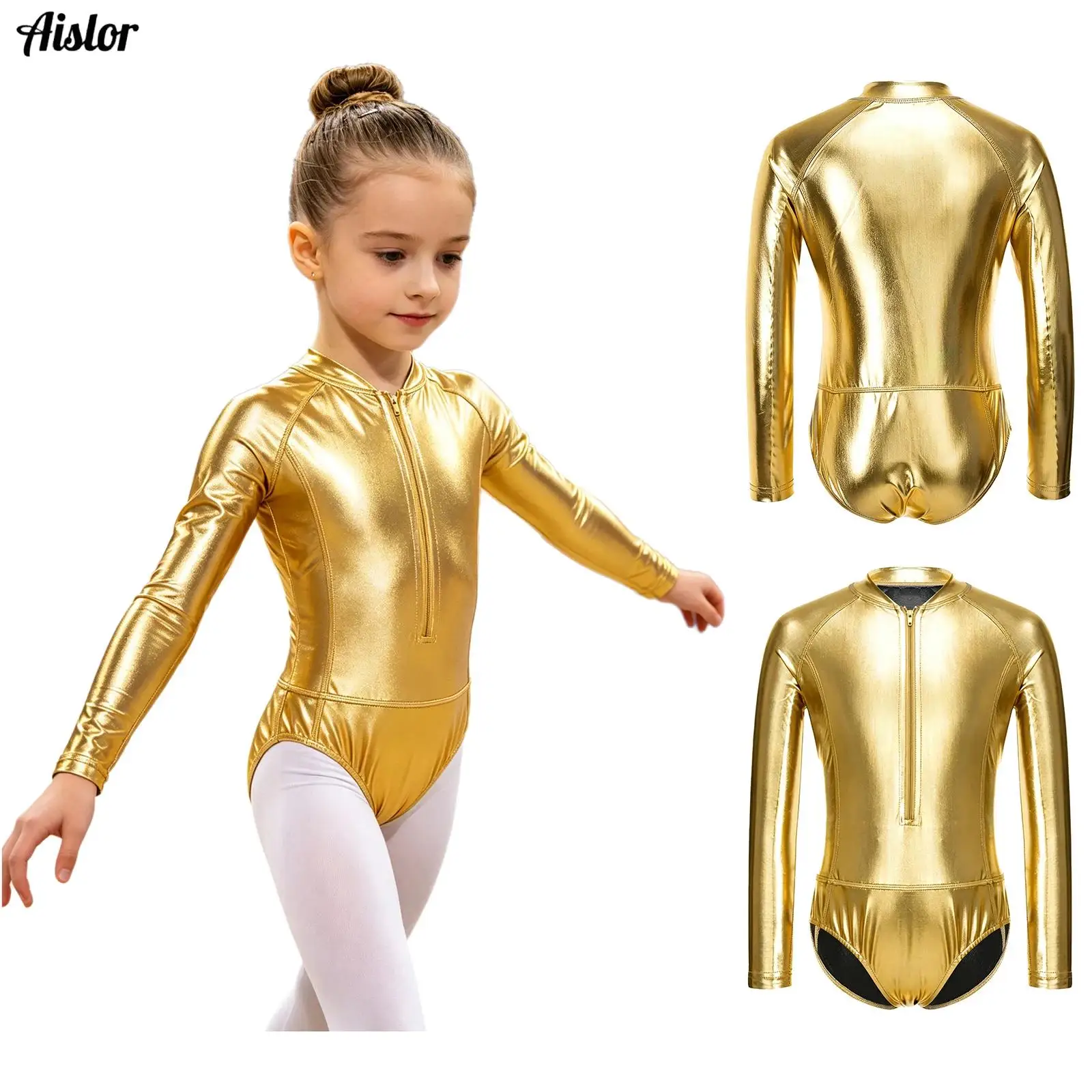 Kids Girls Rhythmic Gymnastics Leotard Long Sleeve Shiny Metallic Zipper Bodysuit for Jazz Ballet Dance Performance Theme Party