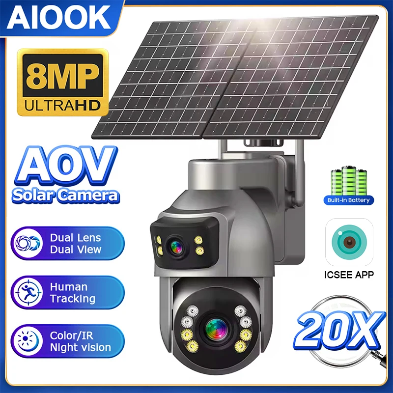 

AIOOK ICSEE Solar Camera 16000mAH 4G Dual Lens HD 8MP 4K 20X ZOOM IP CCTV Two-way Intercom Night Vision Outdoor IP66 Waterproof