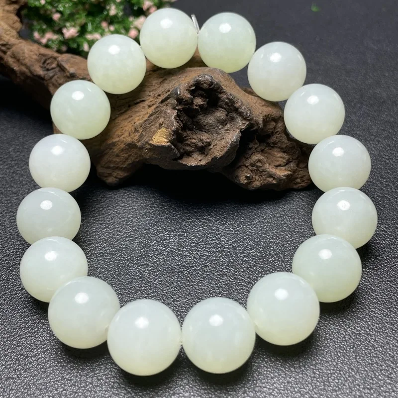 

Natural Genuine Hetian Russian White Jade With Jadeite Men And Women Round Bead Bracelet