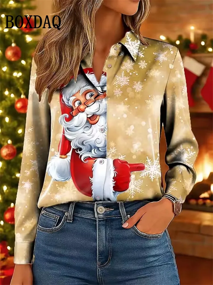 New Christmas Snowflake Women Shirts Autumn Winter Long Sleeve Cute Cartoon Santa Claus 3D Print Blouse Casual Lapel Button Tops