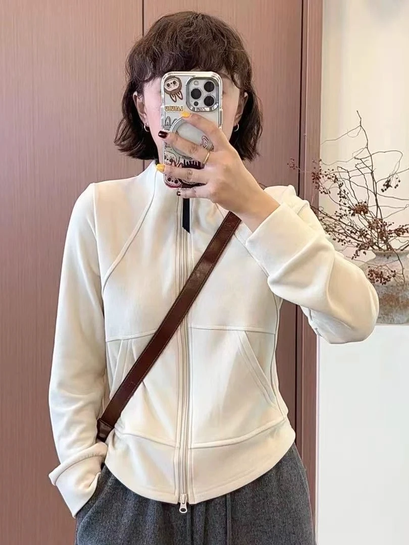 

Women's Zipper Thickened Hoodie Coat Stand Collar Slim Fit Autumn Winter Fashion Outerwear Velvet Material Casual Style