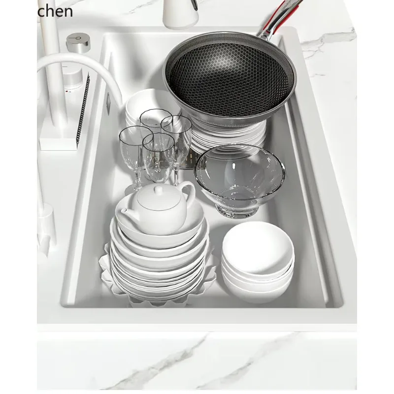 DSAQuartz Stone Sink Large Single Bowl Kitchen Household Dishwashing Sink Countertop