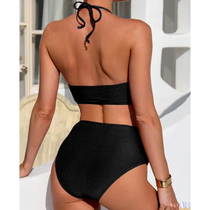 Sexy Vacation Two Piece Set Women Swimwear Cross Pleated V Neck High Waist Bikini Split Swimsuit 2025 New Fashion Beach Biquini