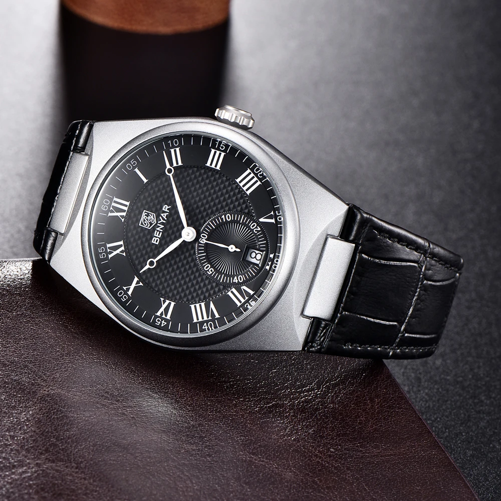 BENYAR 40MM Men\'s Watches Retro Dial Quartz Watch For Men Luxury Military Leather Original Watches Waterproof Clock Reloj Hombre