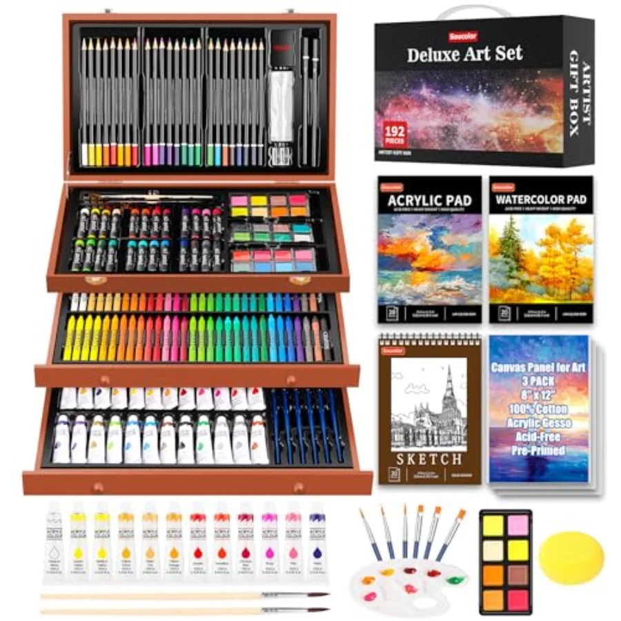 

Arts and Crafts Kits 192-Pack Deluxe Art Set for Coloring Drawing Painting Supplies with Acrylic Pad Watercolor Pad Sketch Book