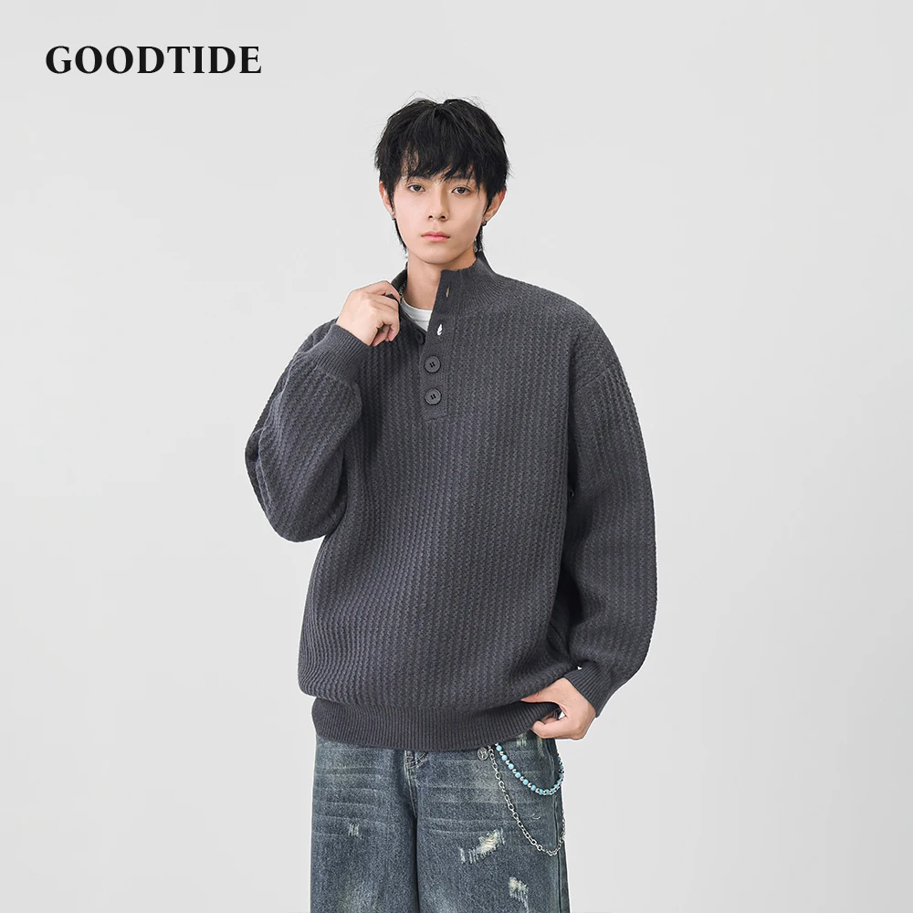 

Fashion Men's Casual Mock Neck Sweater 2025 Winter New Waffle Knit Pullover Button Placket Soft Long Sleeve Jumper Top