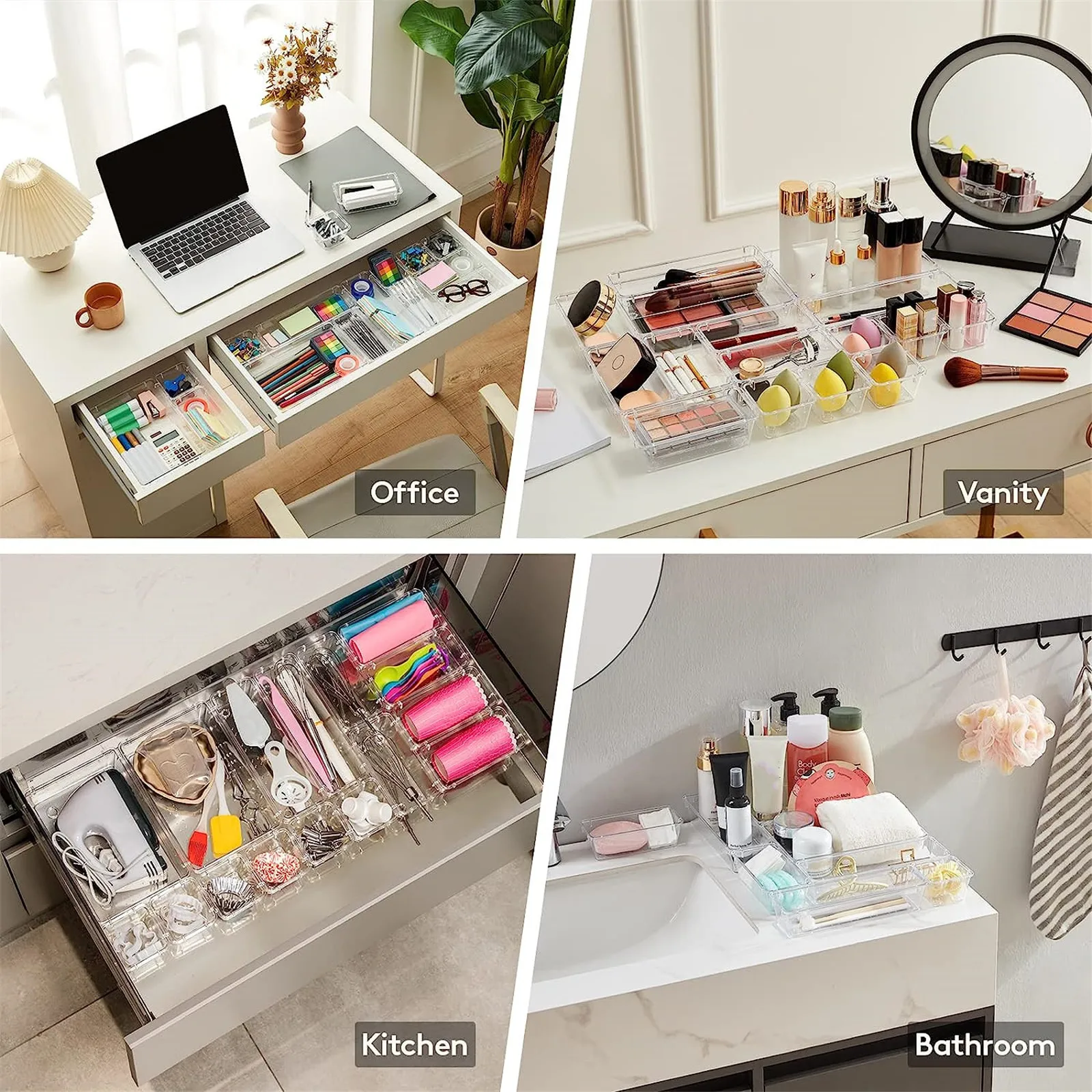 10-Piece Versatile Drawer Organizer Set - Clear Plastic Trays and Dividers in 4 Sizes for Perfect Makeup and Kitchen Storage