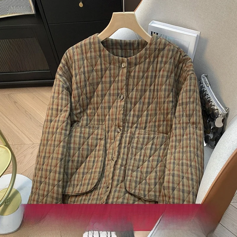 

Женское зимнее хлопковое пальто в клетку в стиле ретро, новое свободное тонкое круглое хлопковое пальто, утепленная хлопковая верхняя одежда