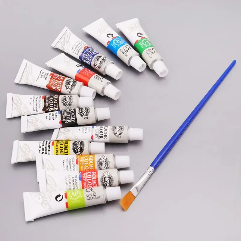 12สี Gouache สีท่อชุด6Ml วาดภาพวาดสีภาพวาดแปรงอุปกรณ์ศิลปะ