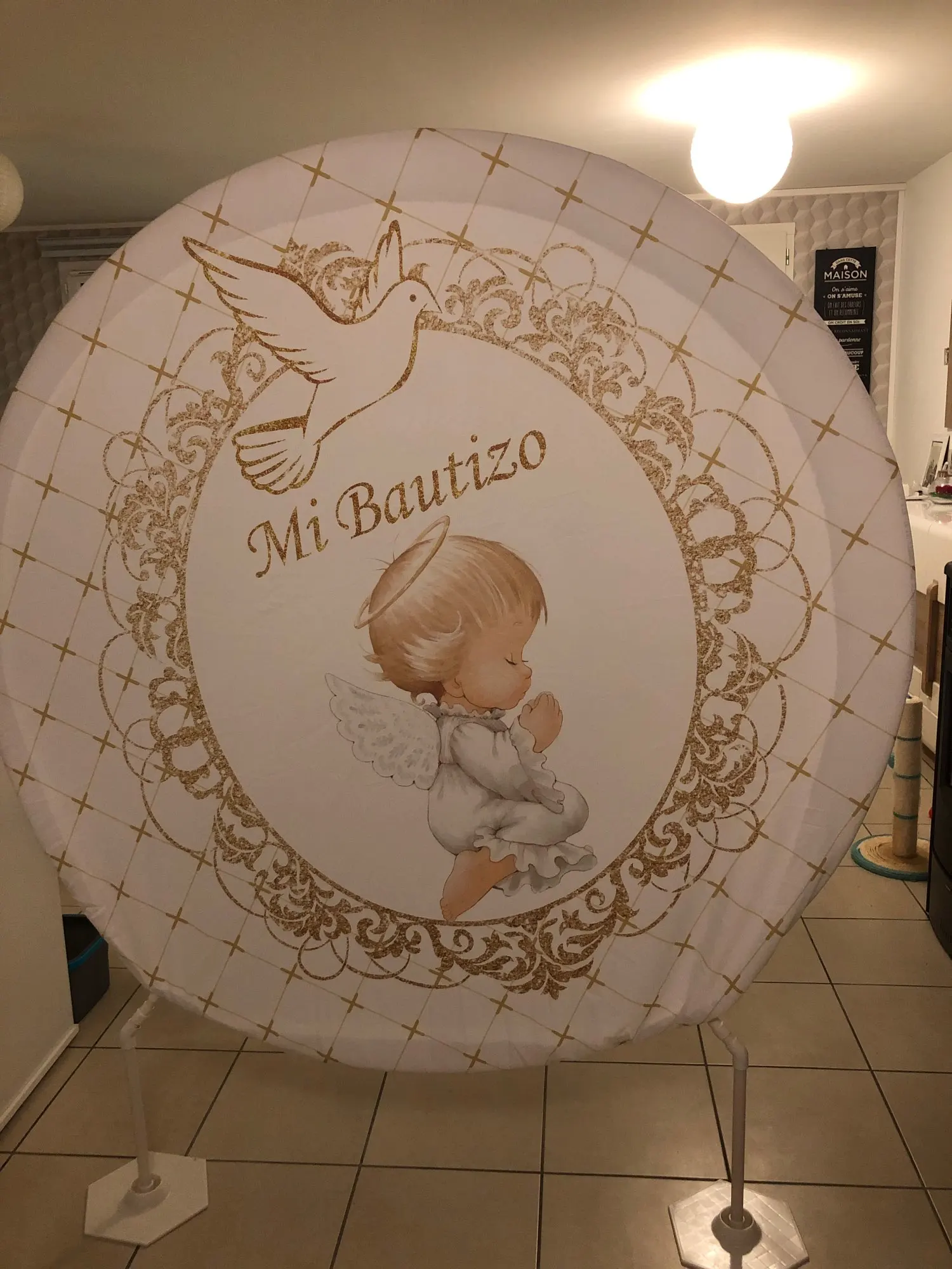 خلفية تصوير مستديرة من كارتون بيبي هولي ماي فيرست كومونيون لاستحمام الطفل خلفية للتصوير الفوتوغرافي لاستوديو الصور