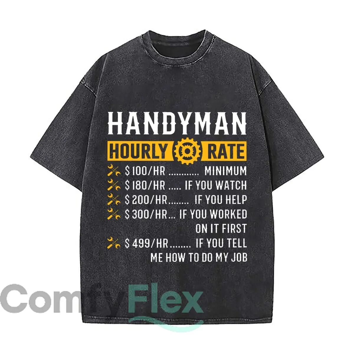 Handyman Hourly Rate Gear Wrench Screwdriver Tools Washed Distressed Loose Streetwear Tops for City Walks