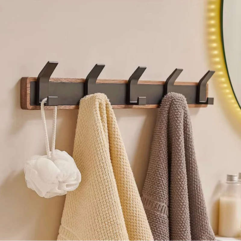 Black Walnut Wood No Drill Adhesive Hook, Wall Mounted Towel Rack and Coat Hook for Bathroom, Entryway