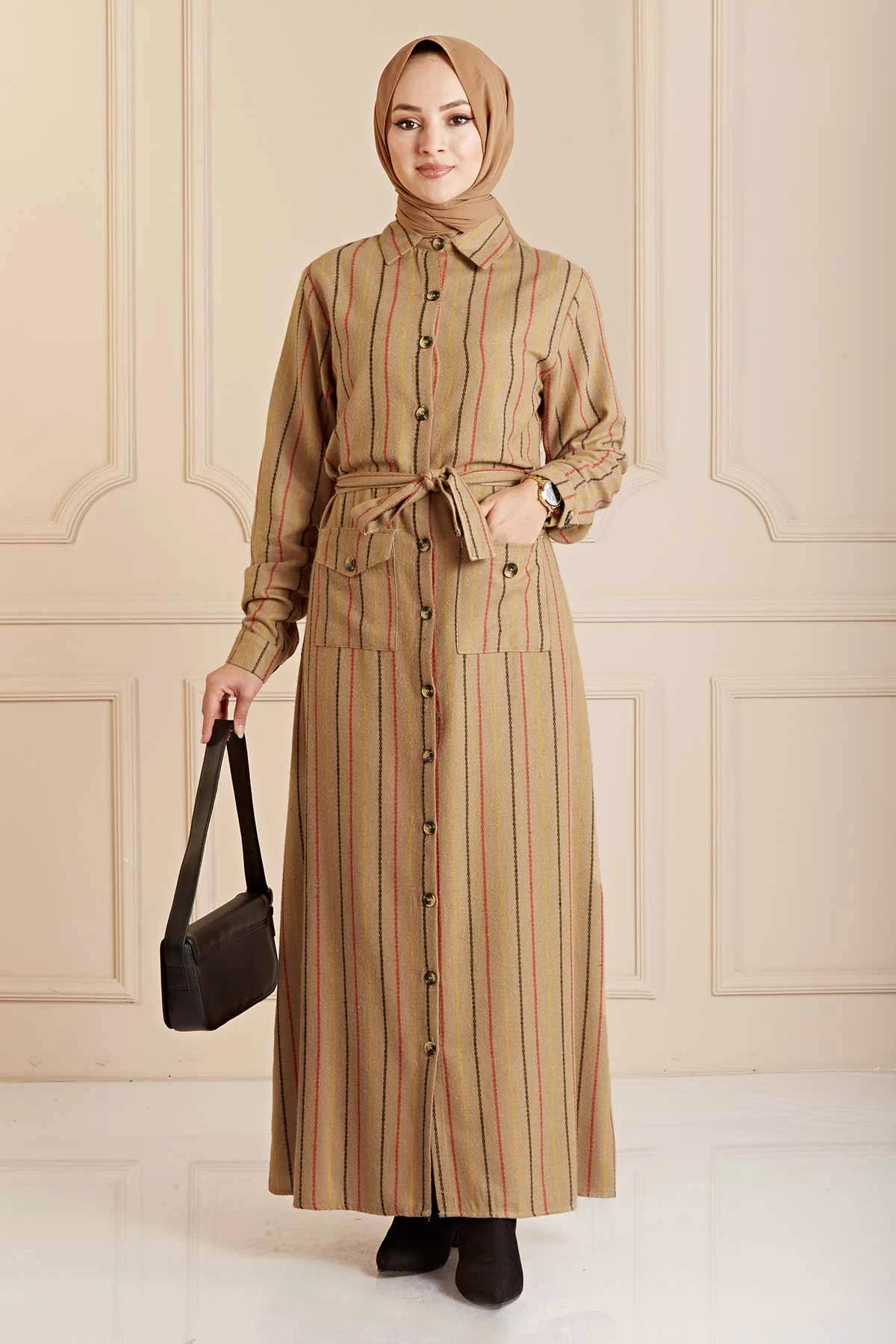 Striped Shirt Collar Dress PO CAMEL Winter Autumn 2021 Muslim Women Hijab headscarf Islamic Turkey