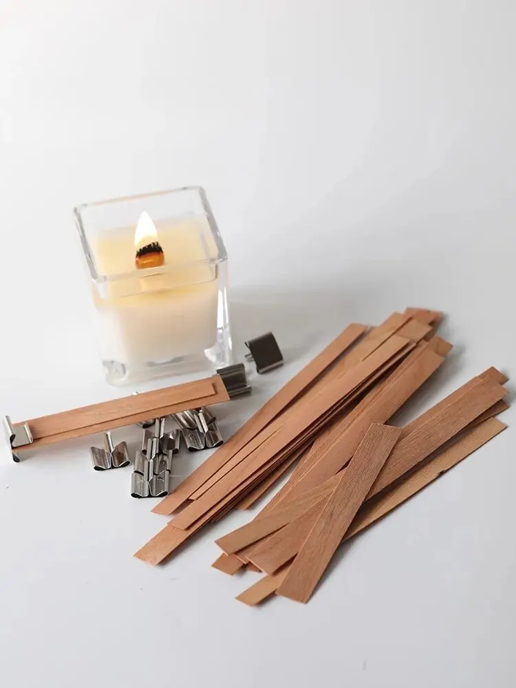 100Pcs Wooden Candle Wicks Core + Natural Wood Wick With Iron Stand DIY Aroma Candle Material Soy Wax Smokeless Candles Supplies