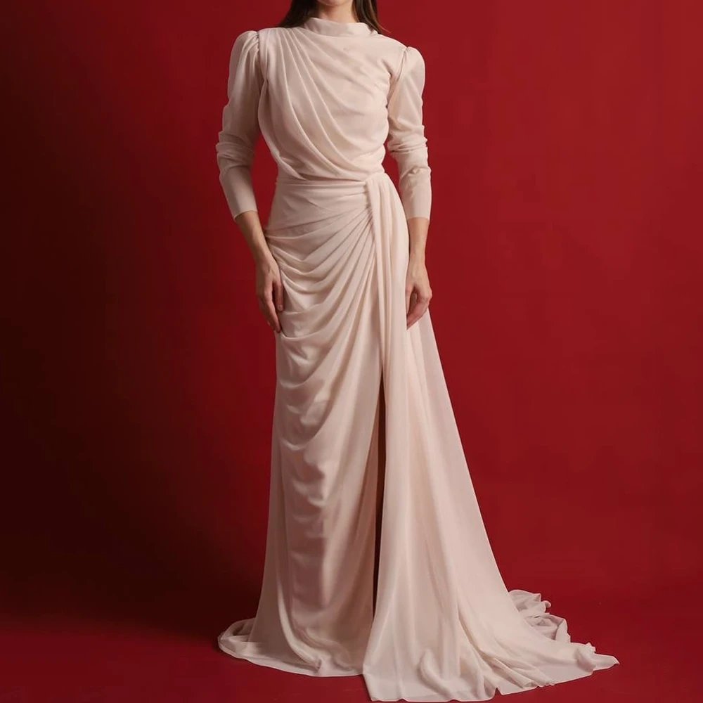 Customized Mermaid Evening Dresses Floor-length High-neck Full Sleeve Prom Gown Fsahion Pleat Simple Draped Backless Party Gown