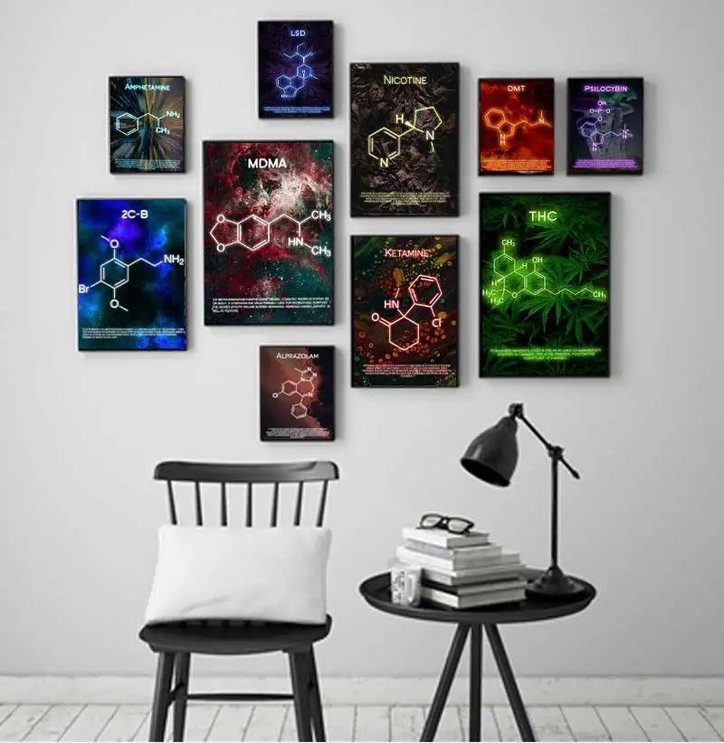 Retro Chemical Formula Drug Molecules Ketamine MDMA Psilocybin Molecule Art Poster Canvas Painting Wall Print Picture Home Decor