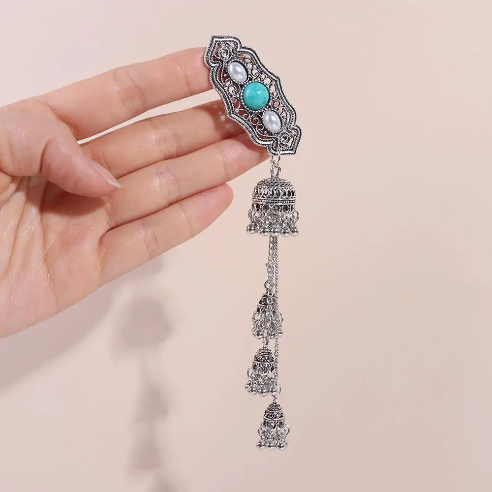 

Vintage Turquoise Tassel Bell Hair Clip Elegant Pearl Ethnic Style Hairpin Headdress Side Clip Chinese Style Hair Accessories