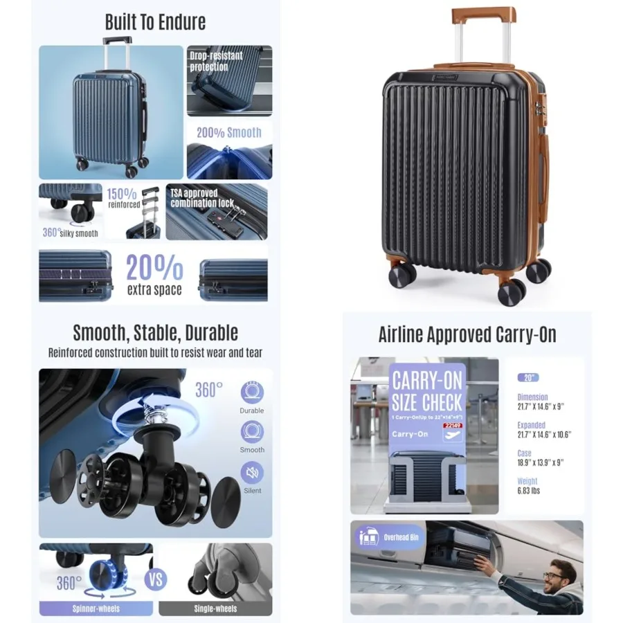 

Carry On Luggage 22x14x9 Airle Approved, Durable Hard Shell Carry On Suitcases with Wheels, Expandable Hardside Lightweight Tra